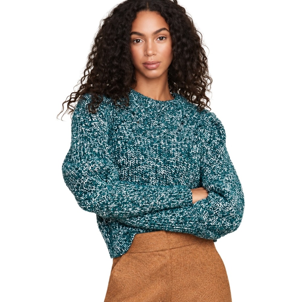 Veronica Beard Sweater Small Green Roopa Merino Wool Alpaca Puff Sleeve Knit